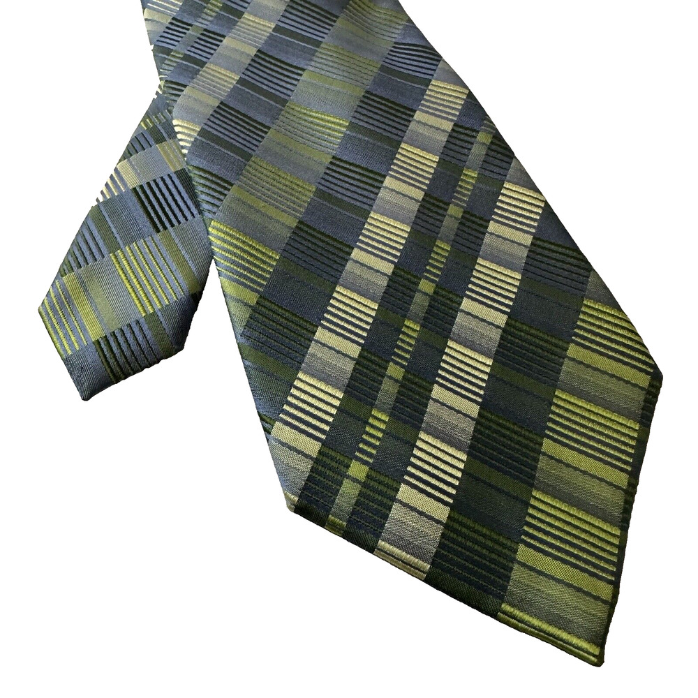 Van Heusen Neck Tie 100% Silk Blue/Green/Gold Geometric Stripes Stain Resistant